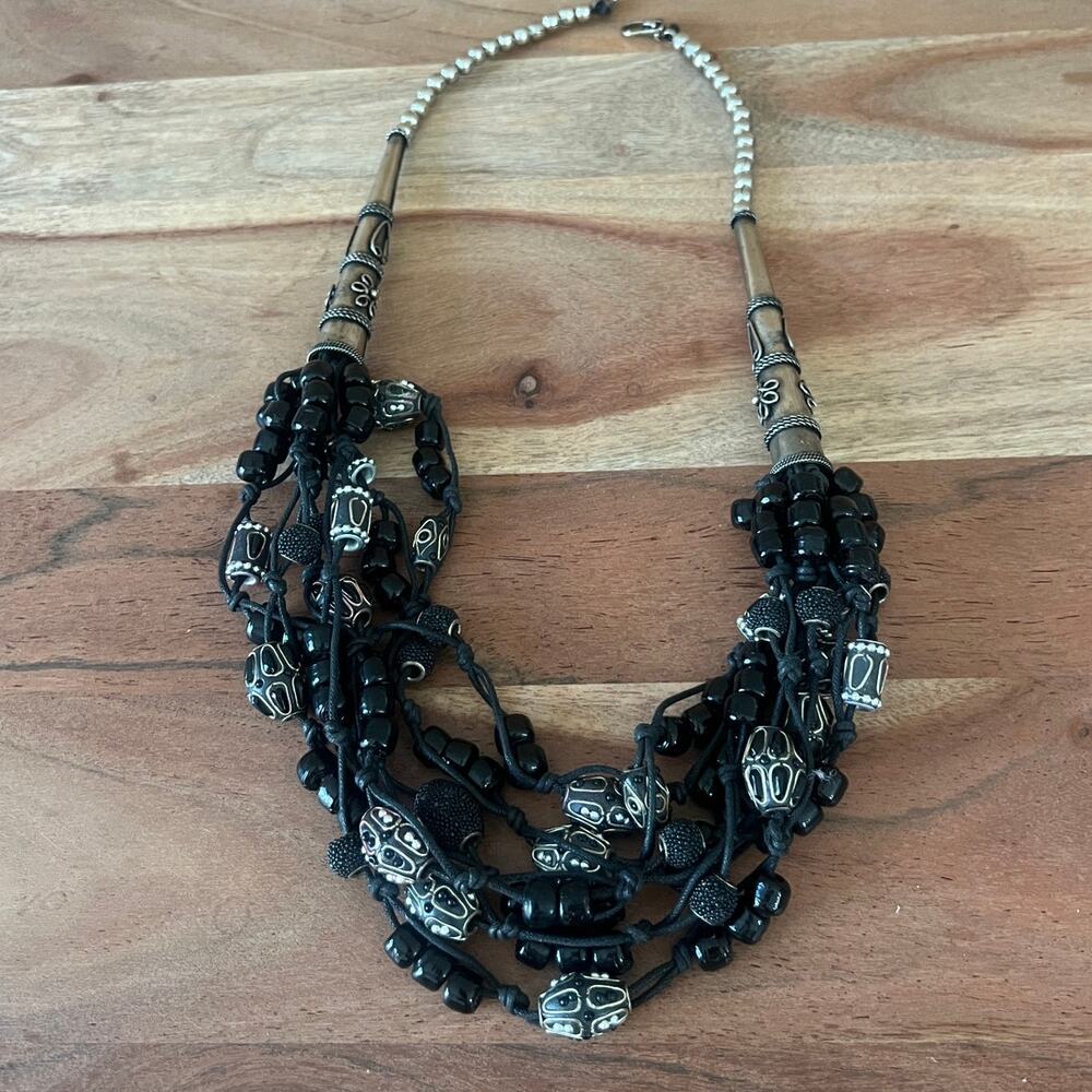 Vintage Artisan Black Beaded Statement Necklace Multi Strand Chunky Boho Tribal